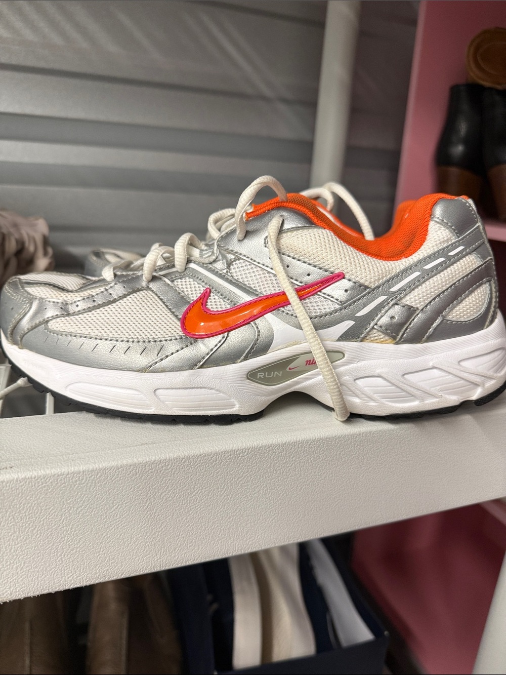 Nike Silver Mesh Running Sneakers with Orange and Pink Swoosh - Picture 3 of 7